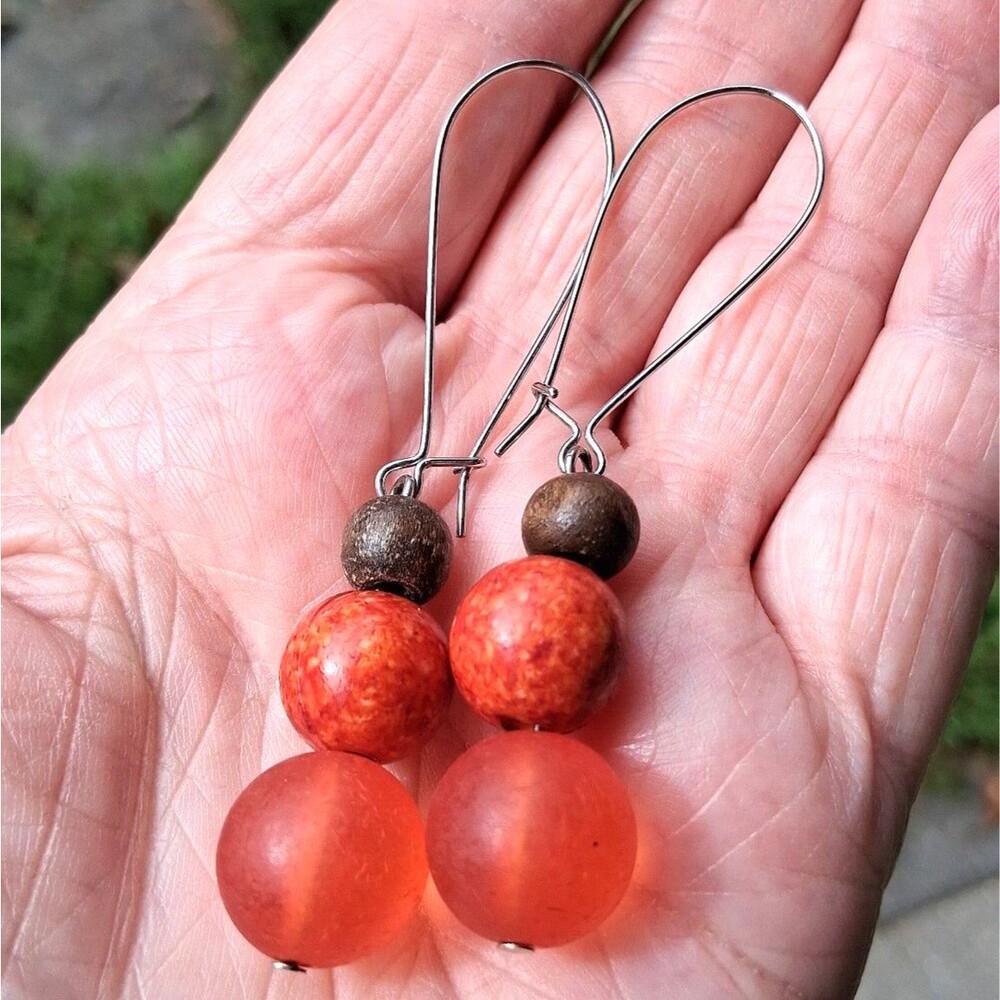 484 Vintage Dangle Earrings Orange Acrylic Plastic & Brown Wooden Beads